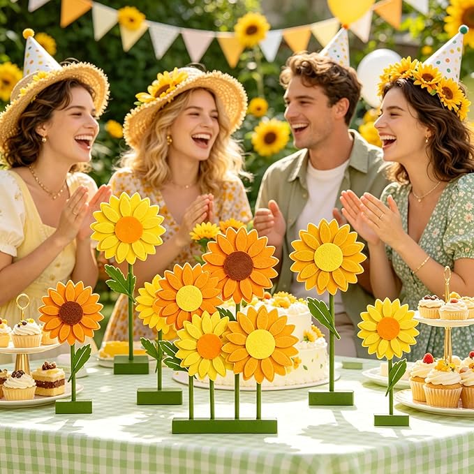 SUNBEAUTY 8 PCS Sunflower Felt Centerpieces for Tables Flower Birthday Party Decorations Sunflower Birthday Party Decorations Orange Yellow Sunflower Decorations for Girl Birthday Baby Shower