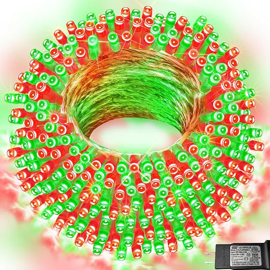 Red and Green Christmas String Lights, 66 ft 200 LED Christmas Lights Plug in, Indoor Outdoor Connectable 8 Modes Twinkle Fairy String Lights for Xmas Tree Wedding Bedroom Party, Clear Wire