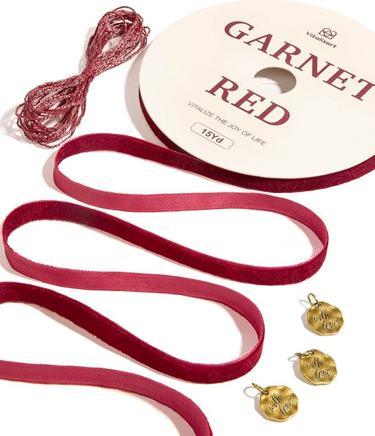 Vitalizart Red Velvet Ribbon Set 3/8" Continuous Burgundy Fabric Trim Thin Ribbon 15Yd for Gift Wrapping, Tree Ornaments, Vintage Christmas Paper, Crafts, Bows, Holiday Decor with Gift Twine
