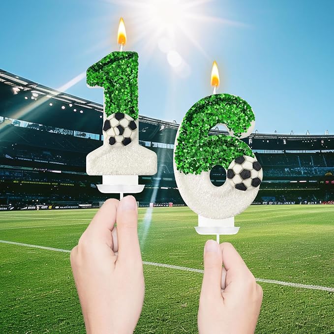 Birthday Candles，Soccer Birthday Decorations，Soccer Cake Topper,for Girl and boy Cake Toppers, Wedding Cakes, Anniversaries, Party Celebrations, Birthday Decorations (Green White, Number 6)