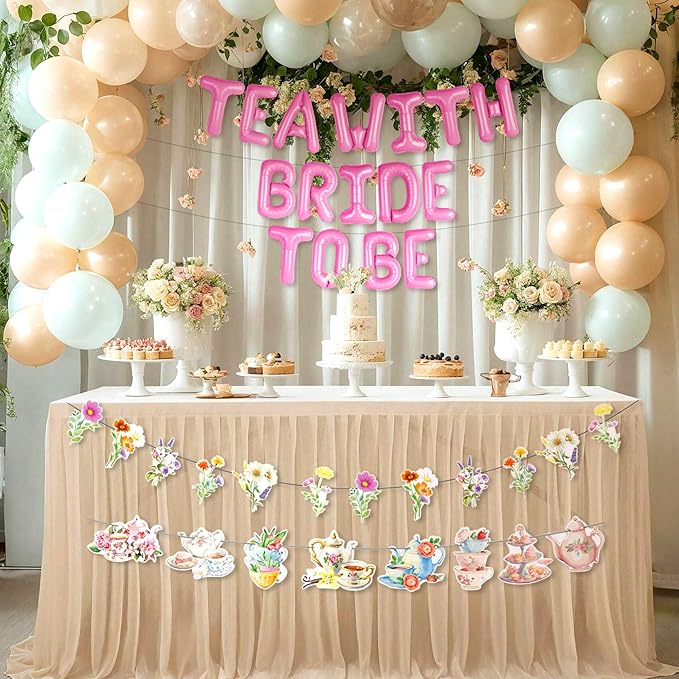 LaVenty Tea With Bride To Be Balloons Let's Par Tea Decorations Balloon Garland Arch Banner Floral Butterfly Teapot Banner for Bridal Shower Bachelorette Wedding Party