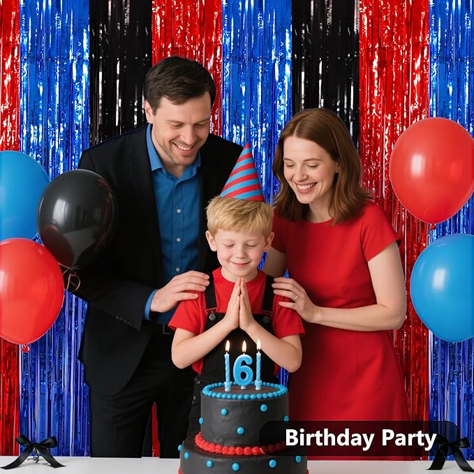 BEISHIDA 3Pcs Red Blue Black Door Streamers Backdrop Foil Fringe Tinsel Curtains Backdrops for Spider Theme Birthday Party Supplies (3.28 ft x 6.56 ft)
