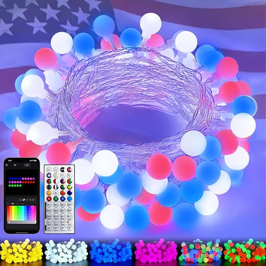 46ft Smart Color Changing Red White and Blue String Lights Outdoor Indoor | 100LED 4th of July Decorations App Control with Remote, Globe Patriotic American Flag Lights for Independence Memorial Day