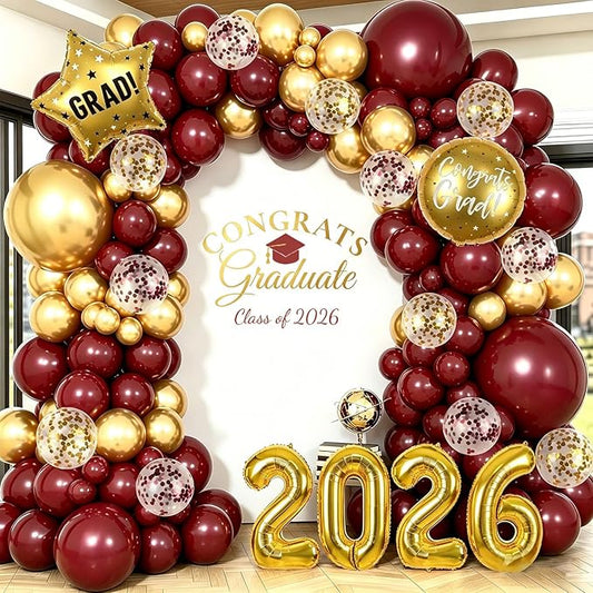 2026 Graduation Balloon Arch Garland Kit, Burgundy and Gold Balloon Arch Class of 2026 Party Decorations with 32" 2026 Foil Balloons for College High School Congrats Grad Party Supplies