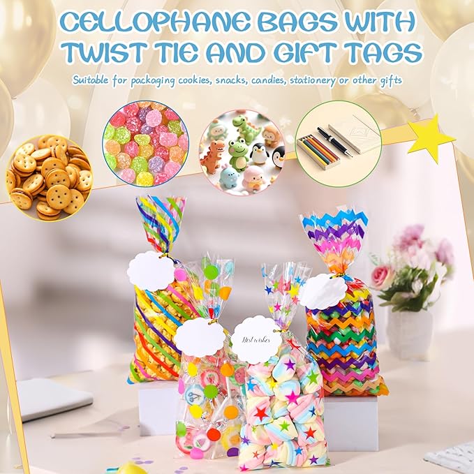 woric 100 Set Rainbow Cellophane Treat Bags 5 x 10.6 Inch Clear Candy Party Favor Bags with 100 Gift Tags and Twist Ties for Mother's Day Rainbow Colorful Party Baby Shower Decorations