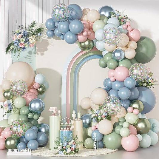 Ouddy Party Pink Dusty Blue Green Balloons Garland Arch Kit, Different Sizes 18 12 10 5 Inch Pink Haze Fog Blue Mist Green Sand White Latex Confetti Balloon for Baby Shower Birthday Party Decorations