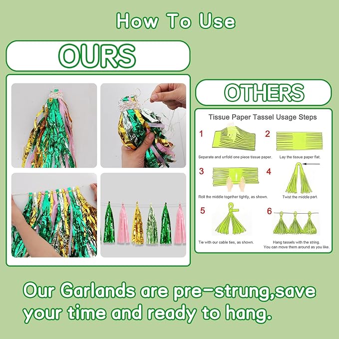 BEISHIDA 3 Packs Green Gold Pink Metallic Foil Fringe Tassel Garland Banner Streamers for Birthday Wedding St. Patrick's Day Bridal/Baby Shower Engagement Bachelorette Mother's Day Party Decoration