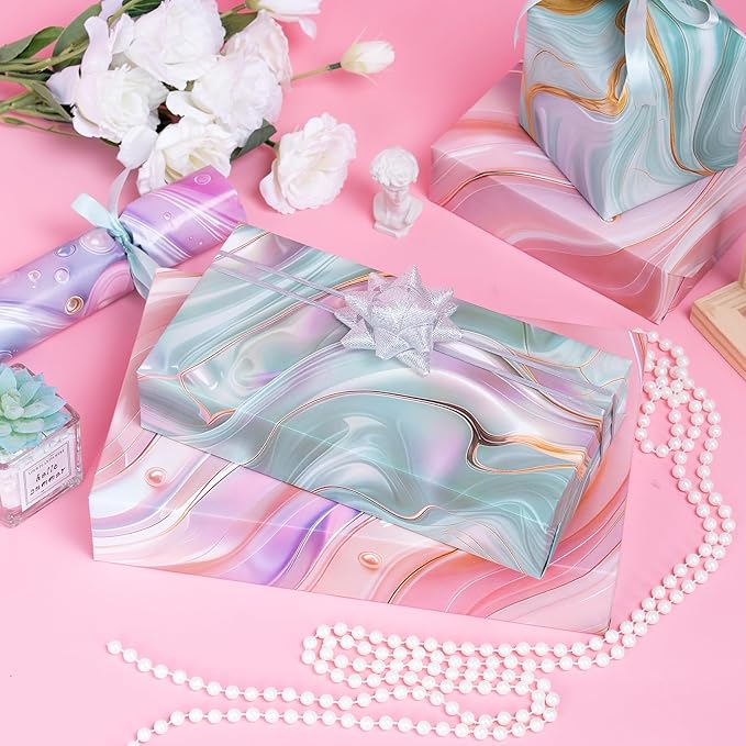 Larcenciel Holographic Gift Wrapping Paper, Iridescent Mermaid Scale Pattern, Pearl Finish, 6 Sheets with 6 Gift Bows –Pink & Purple Birthday Wrapping Paper for Girls Baby Shower Holiday All Occasions