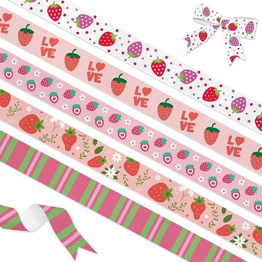 YKW 5 Pack Strawberry Ribbon, 5/8 Inch x 3 Yards Each, Love Hearts Floral Pattern Grosgrain Ribbon, for Gift Wrapping Hair Bows Party Decoration