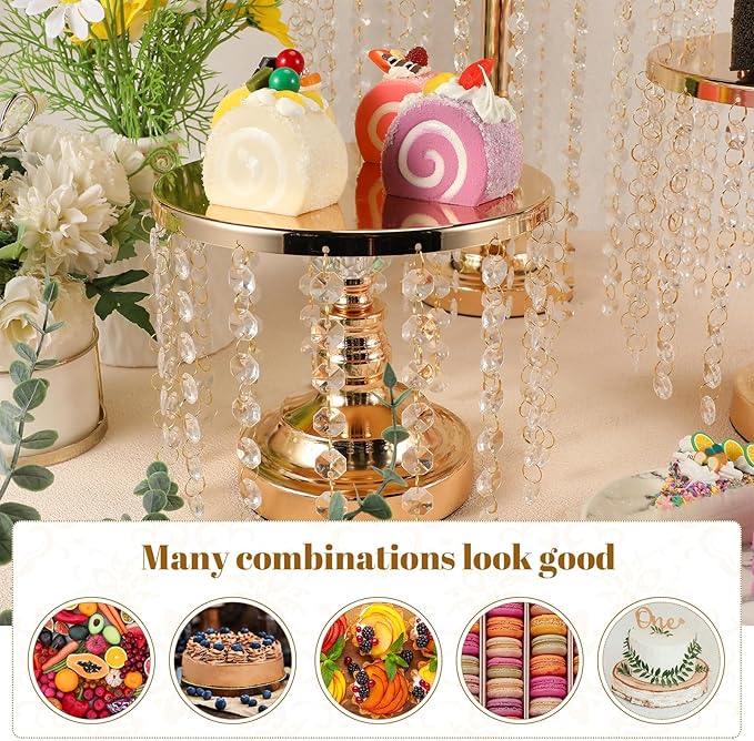 Bokon 6 Pcs Crystal Gold Cake Stand Round Dessert Cupcake Holder Metal Stand Table Cake Pedestal with Crystal Pendant and Wedding Bead Dessert Cupcake Pastry Display Plate for Wedding Birthday Party