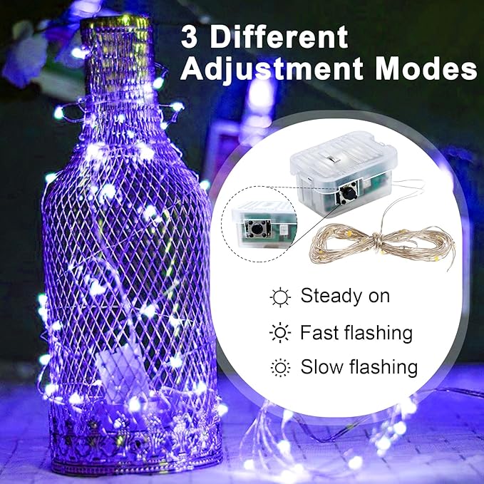 pozzolanas 50 Pack Purple Fairy Lights Battery Operated 3 Modes 7FT 20 LED Waterproof String Lights Twinkle Silver Wire for Mason Jars Wedding Christmas Halloween Part Decor (50, Purple)