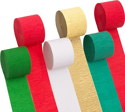 Crepe Paper Streamers 6 Rolls 492ft, Pack of Red Green White Gold Party Streamers for Party Decorations,Christmas Decorations, Birthday Decorations (1.8 Inch x 82 Ft/Roll)