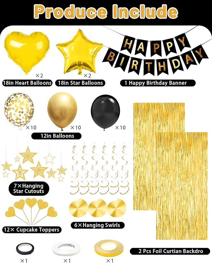 Lutoys Black Gold Happy Birthday Party Decorations, Happy Birthday Banner, Black Gold Foil Heart Star Confetti Balloons Curtain Backdrop Hanging Swirls Party Decor for Boys Men