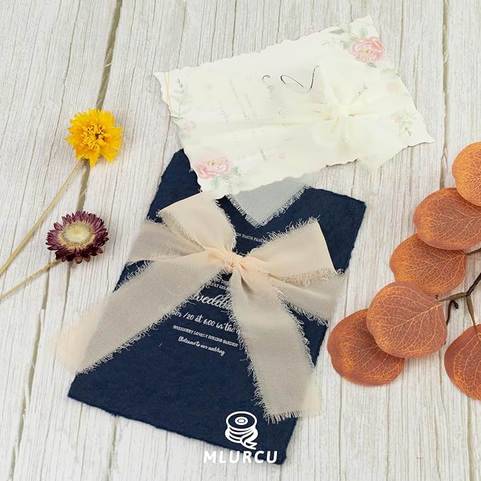 White Chiffon Ribbon 1.5 Inch x 21Yds Handmade Fringe Chiffon Silk Ribbon White/Cream/Nude Frayed Chiffon Ribbon for Wedding Invitation Flower Bouquets Gift Wrapping Bridal Shower Baby Shower
