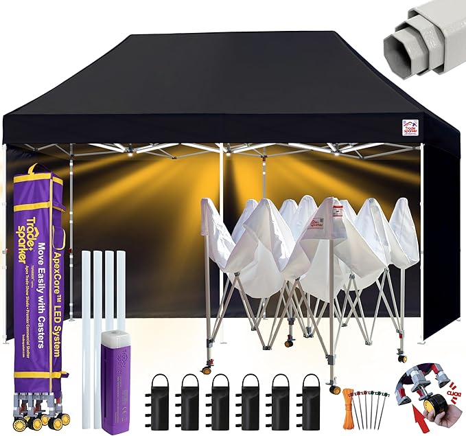 Tradesparker Pop Up Tent,Commercial Movable Canopy with ApexCore LED&Rugged Casters-Instant Easy Setup Shelter Canopies with Weight Bags&Stakes for Outdoor Events(10x20, with 4 Sidewalls, Black)