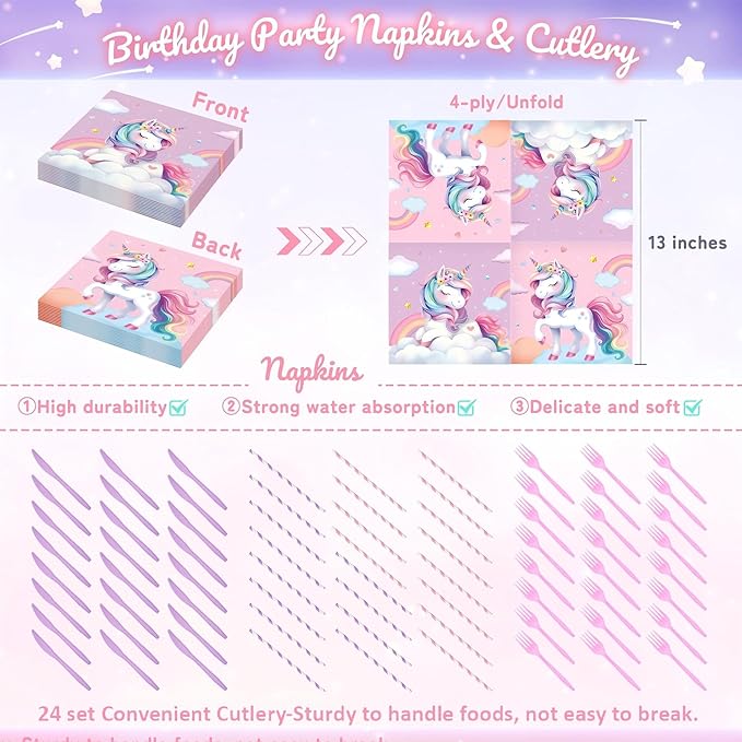 171Pcs Unicorn Birthday Party Decorations with Unicorn Rainbow Banner and Tablecloth, Birthday Party Supplies with Plates Cups Napkins Straws Cutlery, Pink Purple Disposable Tableware for 24 Guests