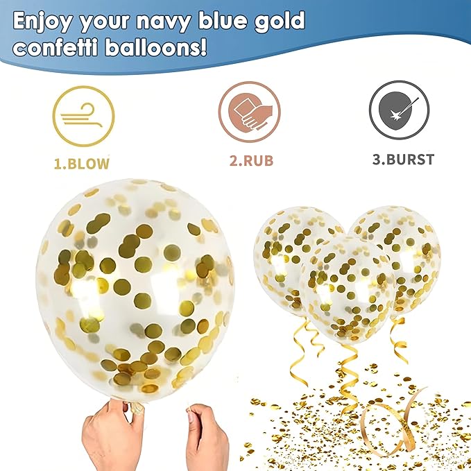 Navy Blue and Gold Confetti Balloons - 50pcs 12 Inch Metallic Blue Gold Matte White Latex Balloons with 33 Feet String for Birthday Wedding Gender Reveal Party Decorations