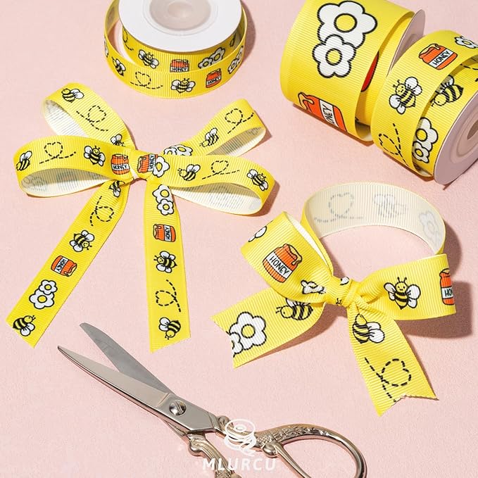 Bee Ribbon Set 3 Rolls Yellow Grosgrain Ribbon 5/8", 7/8", 1.5", Bumblebee, Honey Pot, Flower Print Ribbon for Crafts, Gift Wrapping, Hair Bows, Baby Shower, Party Decor