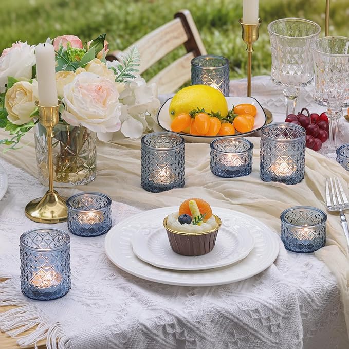 36 Pack Blue Votive Candle Holders, Assorted Glass Candle Holders for Table Centerpiece, Blue Glass Candle Holder Decorations for Wedding, Baby Shower Party & Home Decor