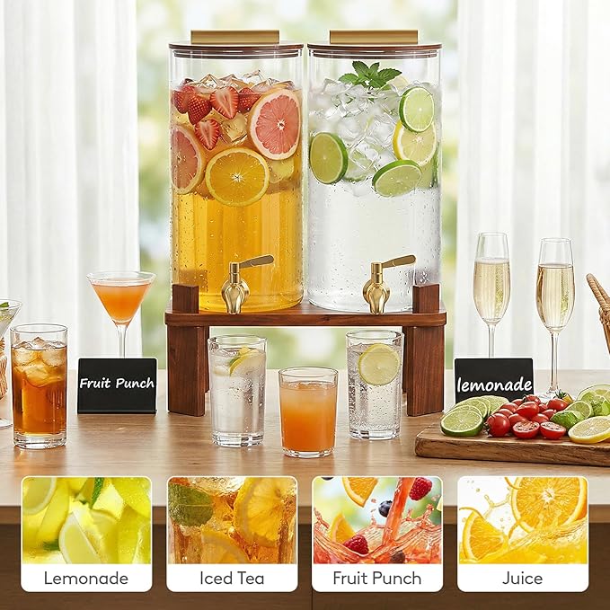 Lifewit 1.5 Gallon Drink Dispenser for Parties, Glass Beverage Container with Wood Stand for Juice/Tea/Soda & Lemonade, Water Pitcher with Leakproof Stainless Steel Spigot for Mimosa Bar Hosting 2 Pcs