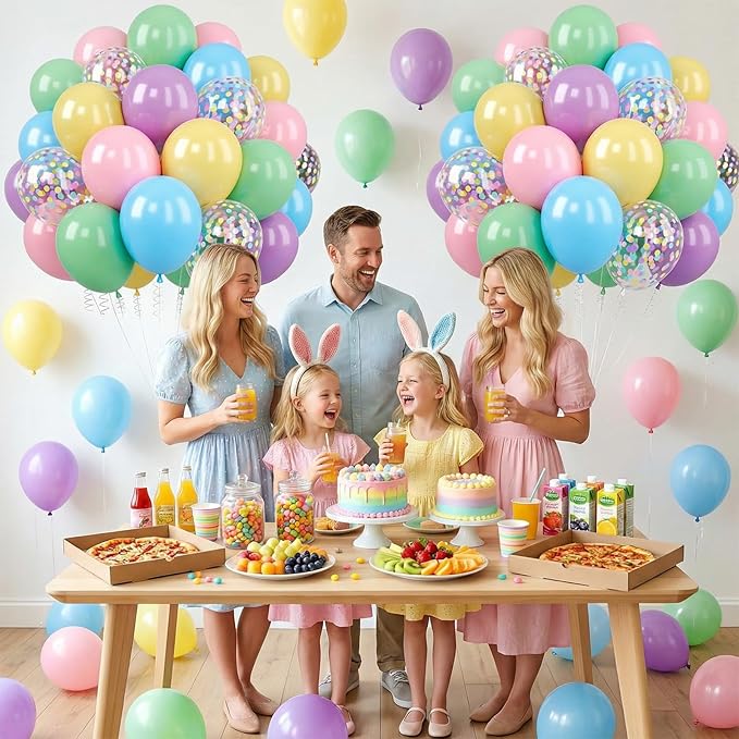 Pastel Balloons Set, 60PCS Macaron Light Pink Yellow Green Blue Purple Balloon, 12 Inch Colorful Confetti Balloons Rainbow Helium for Girls Easter Birthday Wedding Baby Shower Party Decorations