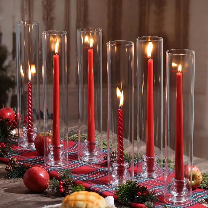 Volens Hurricane Glass Candle Holders - Set of 12 Candlestick Holders for Taper Candles with Windproof Cylinder Covers 14" Tall Clear Glass Chimney Cover for Wedding Table Centerpiece Fall Home Decor