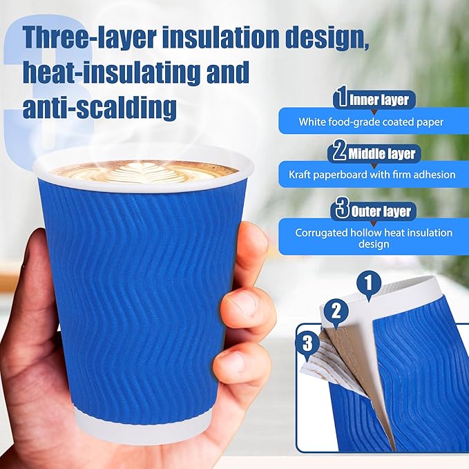 MOUMOULIFE 12 oz Disposable Paper Coffee Cups, 100 Pack 4-Color Assortment (Black, Blue, Red, Yellow), Leak-Proof Insulated Ripple Wall To-Go Cups for Hot/Cold Drinks, Home Office Cafe Party