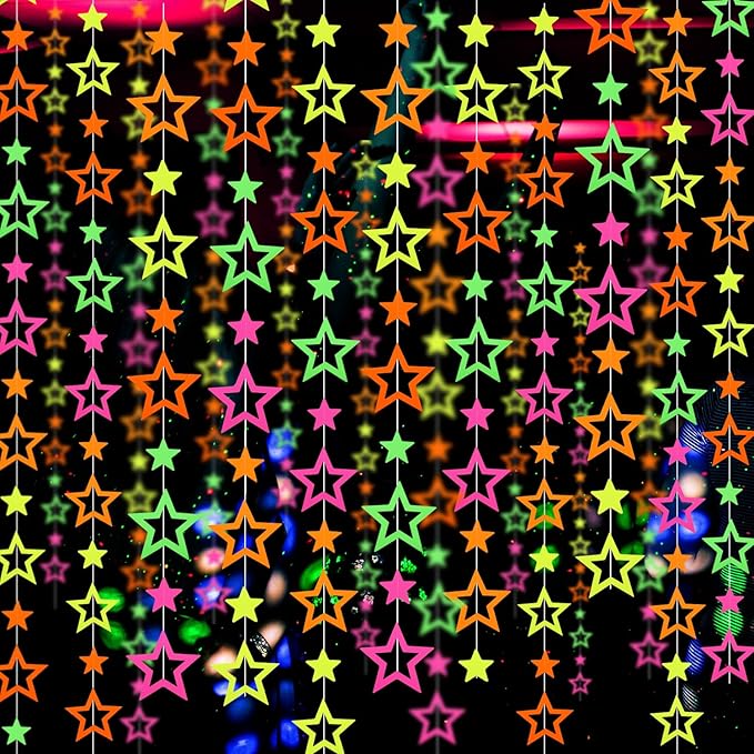 WELITTCON 102feet Neon Paper Garland Streamers Hollowed Star Black Light Decorations Glow Party UV Reactive Favors in The Dark Supplies for Wedding Birthday Garlands