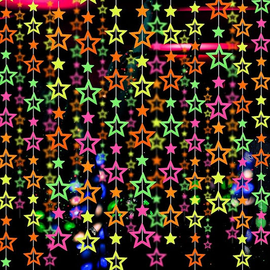 WELITTCON 102feet Neon Paper Garland Streamers Hollowed Star Black Light Decorations Glow Party UV Reactive Favors in The Dark Supplies for Wedding Birthday Garlands