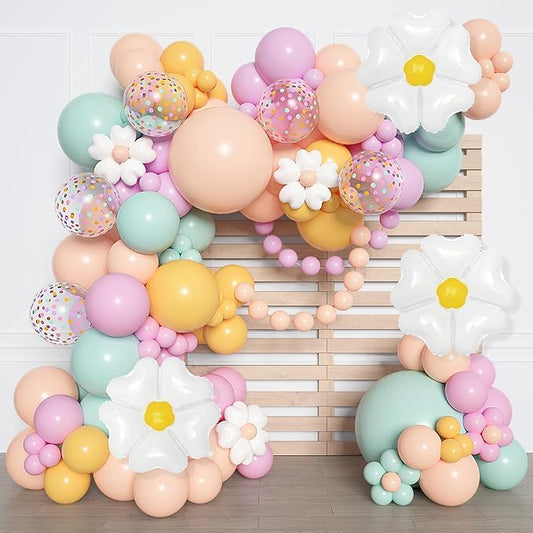 168Pcs Daisy Balloon Arch Garland Kit, Pastel Blue Orange Yellow Purple Confetti Daisy Wild Flower Balloons for Mothers Day Boho Two Groovy One Birthday Floral Girl Baby Shower Spring Party Decoration