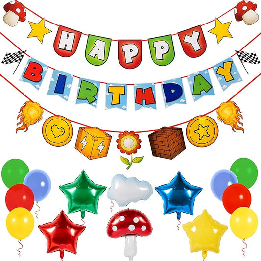 Pirese Retro Game Birthday Decorations, Video Game Birthday Banner Party Kit with Balloons, Pre-Strung Gamer Birthday Party Supplies for Kids, Fun Land Arcade Theme Decor
