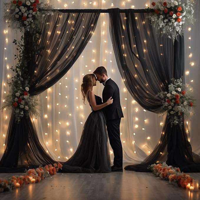 10x8ft Black Tulle Backdrop Curtain with Lights String for Parites, Sheer Photo Backdrop Curtains for Wedding Baby Shower Birthday Party Photo Shoot Decorations