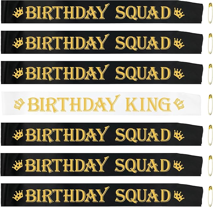 7 Pcs Birthday King Sash and Birthday Squad Sashes Set, Funny Bday Sashes for Men Bday Party Supplies Gifts Favors, Black+White (Gold Letters)