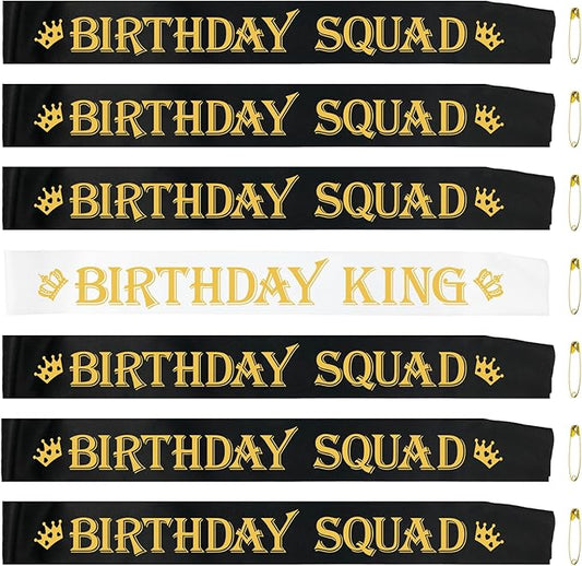 7 Pcs Birthday King Sash and Birthday Squad Sashes Set, Funny Bday Sashes for Men Bday Party Supplies Gifts Favors, Black+White (Gold Letters)