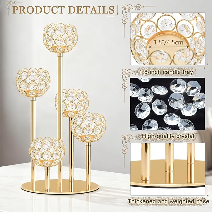 5-Arm Crystal Tealight Candelabra Centerpiece, 14.8 Inch Metal Candle Holder for Table Decor, Wedding, Christmas, Party, Anniversary & Home Decoration (1, Gold, S-14.8 in)