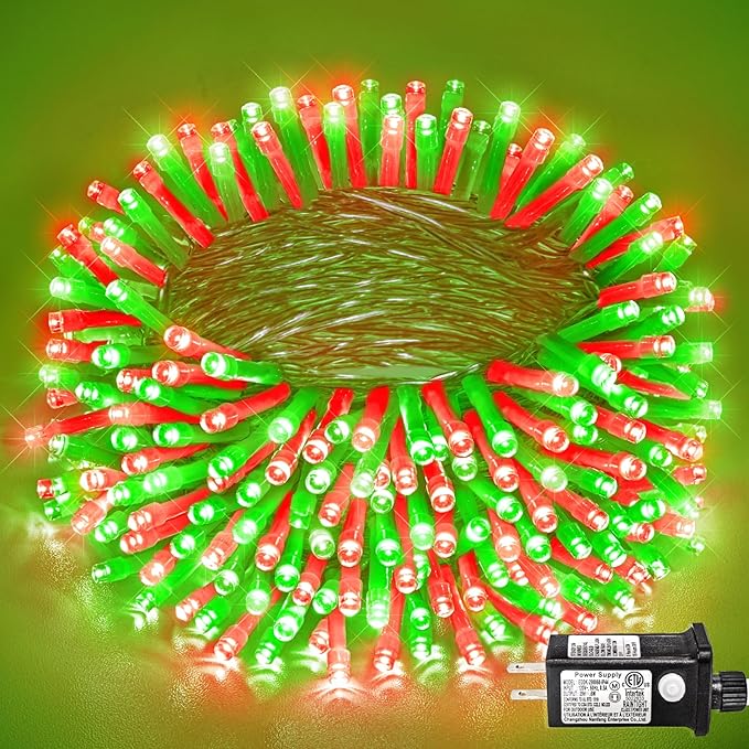 400 LED Christmas Lights Outdoor, 132ft Red and Green String Lights for Bedroom Clear Wire, 8 Modes Plug in Waterproof Fairy String Lights with Timer Memory for Tree Christmas Halloween Decorations