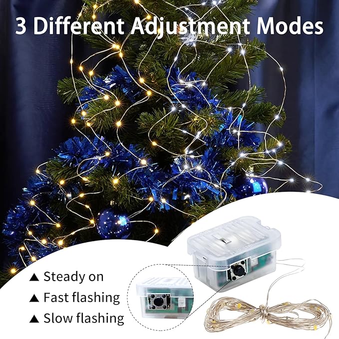 100 Pack Fairy Lights 7Ft 20 LED Twinkle String Lights 3 Modes Battery Operated Waterproof Firefly Starry for Mason Jar Party Wedding Christmas Valentines Day Table Centerpieces,Warm White+White