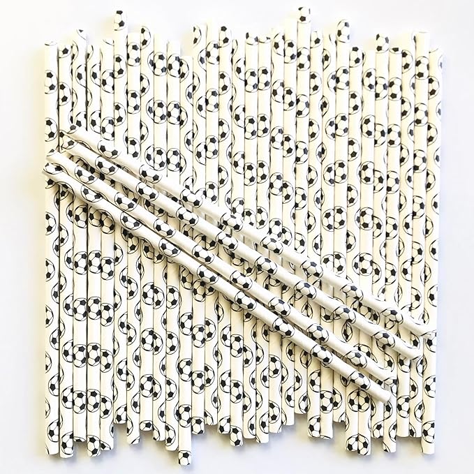 100 pcs Sports Party Paper Straws, Black White Soccer Football Bar Soda Juice Drinking Straws, Kids Teen Boy Birthday Baby Shower Game Day Restaurant World Cup Cake Pop Sticks (White With Soccer)