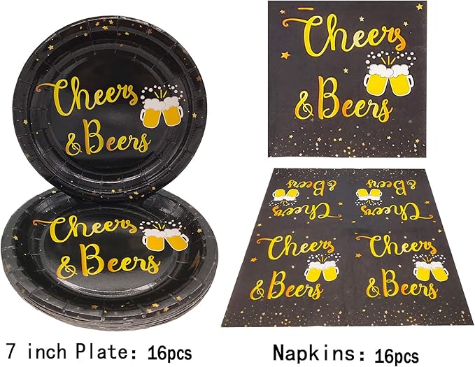 Cheers Beers Birthday Party Supplies,Black and Gold Tablewares(Plates and Napkins),Cheers Beers and Beer Mugs Design Perfect for Graduation Wedding Anniversary Christmas Party Supplies (16 Guest)