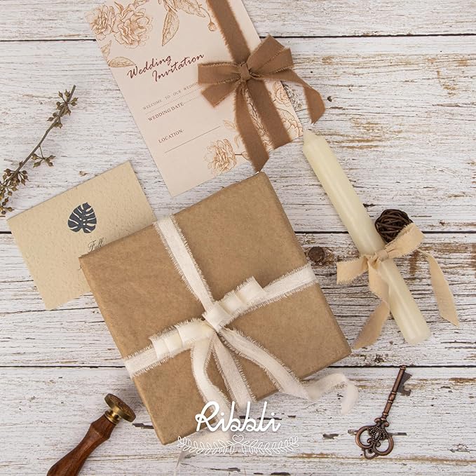 Ribbli 3 Rolls Beige Ribbon 5/8 Inch x 18Yards Ivory Nude Khaki Handmade Cotton Frayed Fringe Ribbons for Gift Wrapping Wedding Invites Bridal Bouquets Baby Shower DIY Crafts Home Decor