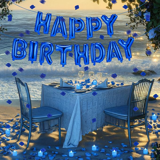 Blue Happy Birthday Balloons Decorations Happy Birthday Letter Balloons Banner Set with 24pcs Round Flameless LED Candles and 2000pcs Artificial Rose Petals for Women Men Room Party Decor