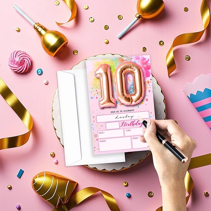 Rose Pink Balloon Birthday Invitations, 10th Surprise Birthday Party Invitations Cards with Envelopes, Confetti Polka Dot Fill-in Invites, 10th Pink Birthday Decorations for Girls -06