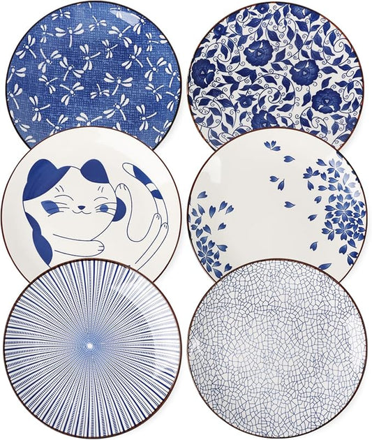 KitchenTour Large Ceramic Dinner Plates, 10 Inch Salad Plates Set of 6, Serving Plates for Dessert, Pasta, Appetizer, Dishwasher and Microwave Safe, Vintage Blue