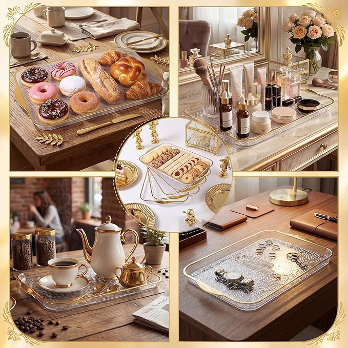 6 Pack Clear Serving Platters with Handles 14.8 x 9.4 Inch Large Party Plastic Serving Trays with Gold Rim Reusable for Food, Cookie, Cake, Turkey, Cheese, Fruit, Appetizer