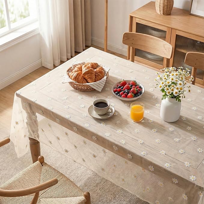 Horaldaily Champagne Embroidery Daisy Spring Summer Gauze Tablecloth 60×120 Inch Rectangular, Seasonal Tulle Table Cover, Garden Party Decorations for Wedding, Party, Holiday Dining