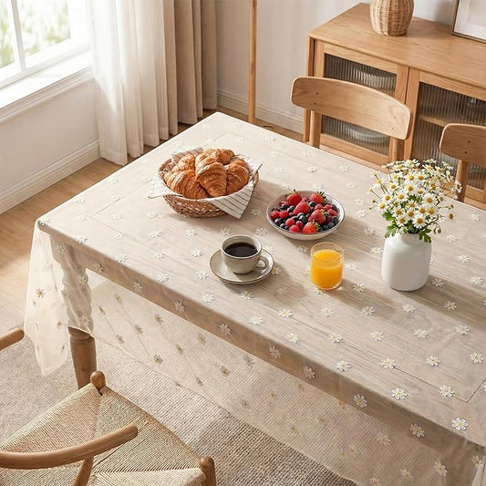 Horaldaily Champagne Embroidery Daisy Spring Summer Gauze Tablecloth 60×104 Inch Rectangular, Seasonal Tulle Table Cover, Garden Party Decorations for Wedding, Party, Holiday Dining