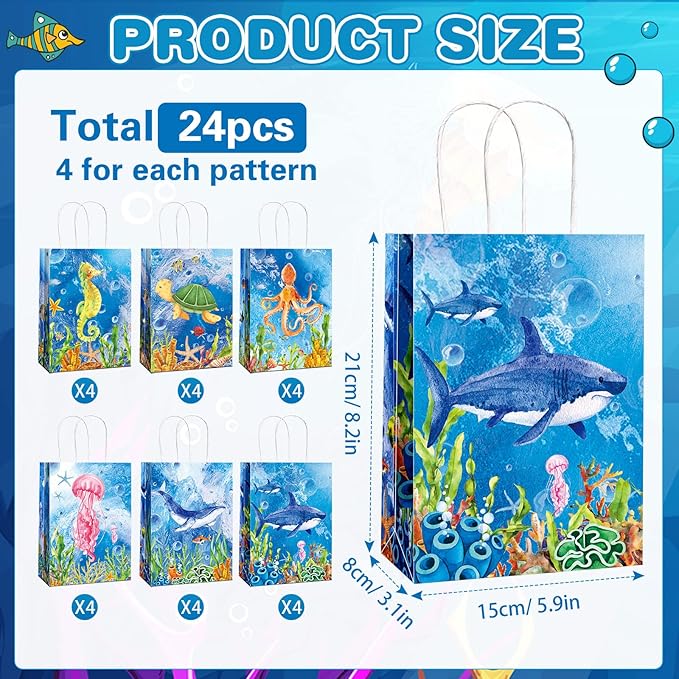 Outus 24 Pcs Sea Animals Party Gift Bags Ocean Undersea Theme Party Goodie Treat Candy Wrap Bags with Handle Colorful for Kids Girls Boys Birthday Decorations