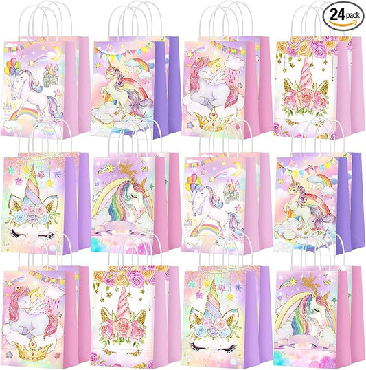 Kolldenn 24 Pcs Unicorn Party Favor Bags for Birthday Party Supplies Cute Unicorn Gift Goodie Paper Bags with Handles Rainbow Goody Treat Candy Pouch‌ for Girls Birthday Baby Shower Decorations