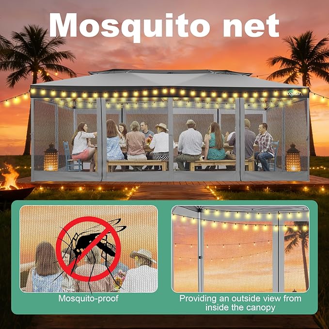 COBIZI 10x20 Pop up Gazebo, One-Push Setup Canopy Tent with Mosquito Netting & Vented Roof Design, Upgrade Metal Easy up Canopy Carpa Outdoor Gazebos for Backyard Camping Deck Party(Light Gray & Gray)