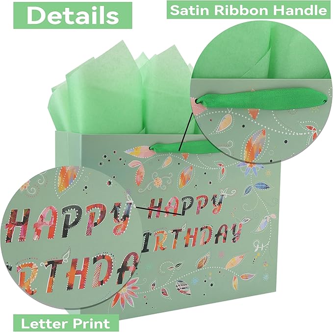 Qirrmiy 13” Large Happy Birthday Gift Bag Set with Handles, Greeting Card, Tissue Papers and Stickers for Women Girls, Green Floral Design, 1 Pcs